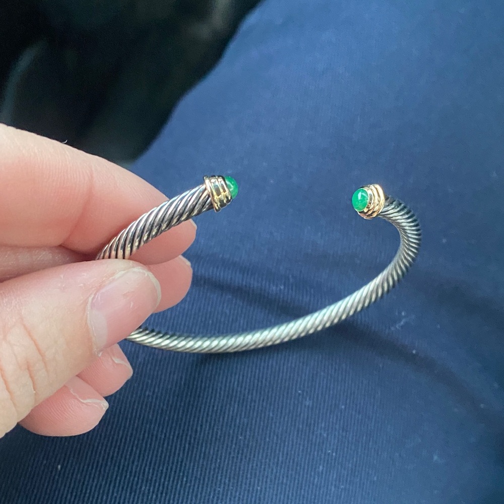 David Yurman Elegant Silver and Gold Bracelet with Green Accents